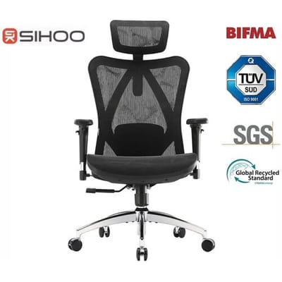 SIHOO M57 Ergonomische Bureaustoel met 3D-Armleuningen&Verstelbare Lendensteun-Premium Mesh Design voor Kantoor/Thuiswerken - 150kg Draagvermogen - 8cm Hoogteverstelling-3 Standen Kantelmechanisme (110°/116°/126°)-SGS/BIFMA Gecertificeerd——Zwart