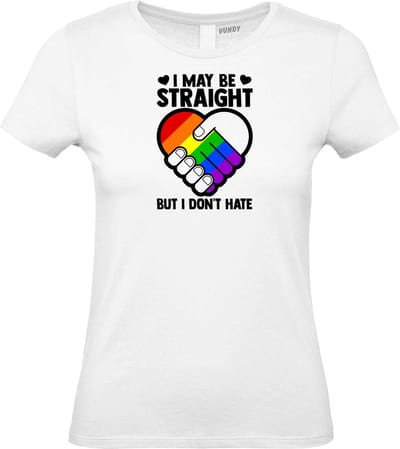 Dames T-shirt I May Be Straight | Gay pride shirt kleding | Regenboog kleuren | LGBTQ | Wit dames | maat XS