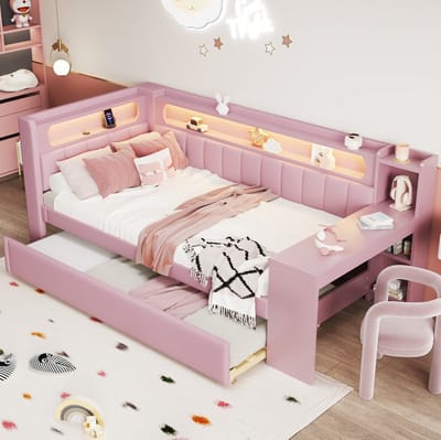 MEUNIQ bedbank 90x200 met uitschuifbed 90x190, bureau, planken, USB en LED-verlichting, gestoffeerd bedframe voor slaapkamer of logeerkamer, roze