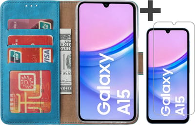 Hoesje met Screenprotector Geschikt voor Samsung Galaxy A15 – Arara bookcase met pasjeshouder - Blauw