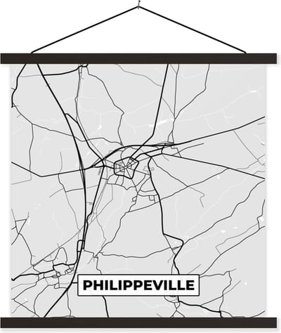 Posterhanger incl. Poster 60x60 cm - Schoolplaat - Plattegrond – Philippeville – Zwart Wit – Stadskaart - Kaart - Textielposter - Zwarte latten - Stadskaart
