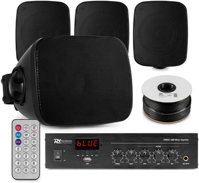 Power Dynamics buiten speakers set van 4 waterdichte mini speakers - Bluetooth en FM radio - Zwart