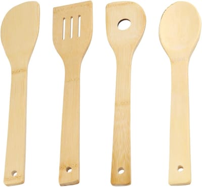 Set van 4 Houten Kooklepels met Antiaanbaklaag, Natuurlijke Bamboe Keukenhulpmiddelen met Lange Handvatten voor Koken en Bakken