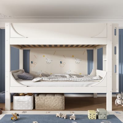 Stapelbed 90x200 cm - met flexibel te plaatsen ladder - slee-vormig - één bed wordt twee eenpersoonsbedden - wit - zonder matras