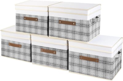 Famanu - Opvouwbare Opbergdoos met Deksel, Stof, Afwasbaar, Patchwork Patroon, Opbergbak met Deksel, 38x25x25 cm, Set van 5, Grijs