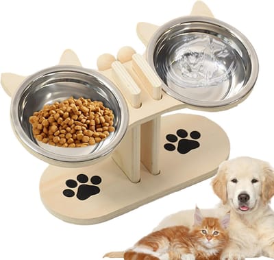Verhoogd Voerstation Voor Katten Met 2 Roestvrijstalen Kommen Ergonomisch Gekanteld Ontwerp - Hout & Roestvrij Staal Afneembaar Roestvrij - 31x15x16cm
