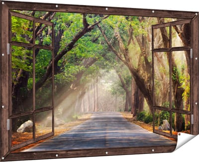 Gards Tuinposter Doorkijk Weg Omringd met Bomen - 180x120 cm - Tuindoek - Tuindecoratie - Wanddecoratie buiten - Tuinschilderij