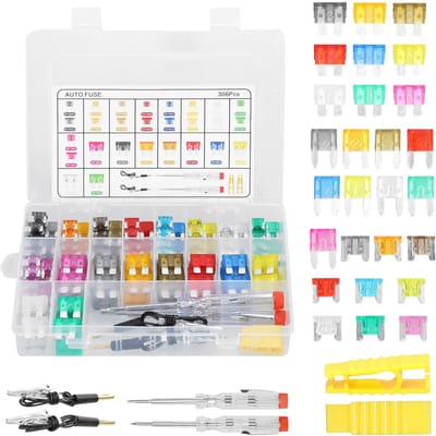 Kit d'assortiment de fusibles 306 pièces, fusible à lame enfichable avec 2 testeurs de circuits, boîte de rangement pour voiture camion SUV white