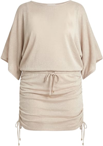 Ulla Popken - Dames - Strandjurk metallic effect boothals korte mouwen - Zand - Maat 46+