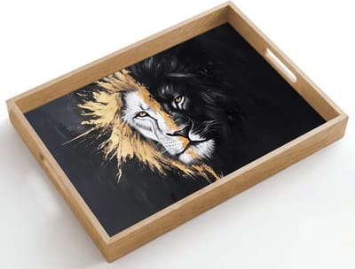 Dienblad hout 50x35 cm - Schootdienblad - Leeuw - Gesplitst - Zwart - Lijn - Borrelplank rechthoek - Plateau dienbladen