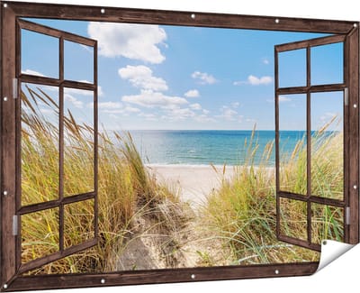 Gards Tuinposter Doorkijk Strand en Zee vanuit Duinen - 180x120 cm - Tuindoek - Tuindecoratie - Wanddecoratie buiten - Tuinschilderij