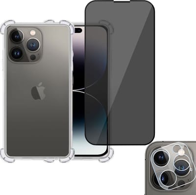 Hoesje geschikt voor iPhone 14 Pro + Privé Screenprotector + Beschermglas Camera Lens - Privacy Tempered Glass - Case Transparant