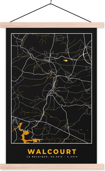 Posterhanger incl. Poster 40x60 cm - Schoolplaat - Walcourt - Plattegrond - Goud - Stadskaart - Kaart - Textielposter - Blanke latten - Stadskaart