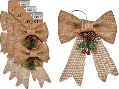 Krist+ Kerststrikjes kersthangers - 6x - beige glitters - 15 x 16 cm - jute - kerstversiering - kerstboomversiering