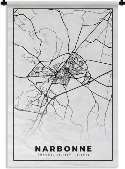 Wandkleed - Wanddoek - Plattegrond - Narbonne - Kaart - Frankrijk - Stadskaart - Zwart wit - 120x180 cm - Wandtapijt