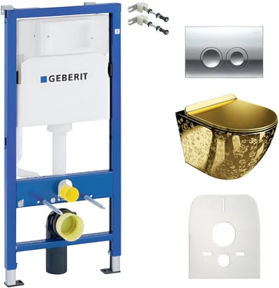 Inbouwreservoir Complete Toiletset Geberit Duofix Basic - Inbouw WC Hangtoilet Wandcloset SOFI SLIM GOLDEN EYE Gouden - Bedieningsplaat DELTA Chroom Rund - Voorwandelement - Installatiesysteem