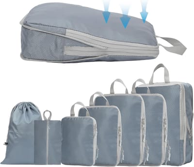 Famanu – Kofferorganizer - compressieverpakkingskubus - 7 stuks - kledingtassen - set - reisaccessoires - reizen - vliegtuig - koffer - organizer - verpakkingskubus - opbergzak (blauw/grijs)