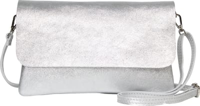 AmbraModa GLX11 - Crossbodytas, Clutch, telefoontas van echt leer met afneembaar en verstelbare schouderriem, passend voor mobiele telefoons en tablets tot 7 inch. Zilver metallic