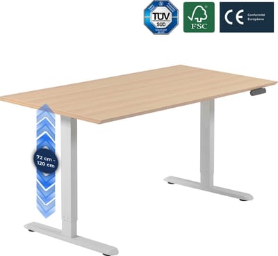 Backerz Zit Sta Bureau Elektrisch Verstelbaar 120 x 60 cm met Geheugenfunctie, Verstelbare Hoogte - Witte Poten en Eiken Melamine Bureaublad