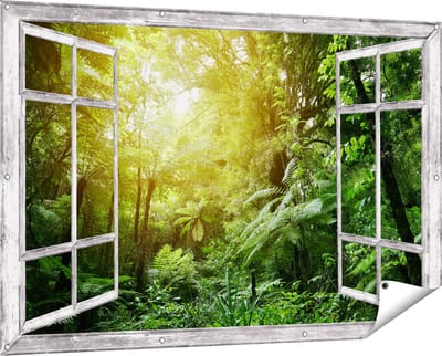Gards Tuinposter Doorkijk Tropische Jungle met Zonneschijn - 150x100 cm - Tuindoek - Tuindecoratie - Wanddecoratie buiten - Tuinschilderij