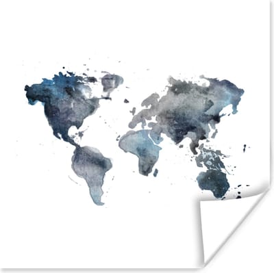 Poster 30x30 cm - Wereldkaart - Waterverf - Abstract - Posters - Kamer decoratie - Wanddecoratie woonkamer - Muurdecoratie slaapkamer