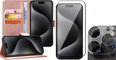 Hoesje geschikt voor iPhone 15 Pro - Screenprotector FullGuard & Camera Lens Screen Protector - Book Case Kunstleer Pasjeshouder Rosegoud