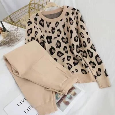 Dames Lange Mouw Gebreide Luipaard Truien Elastische Taille Broek Sets Mode Broek Tweedelige Kostuums Outfit One Size kaki