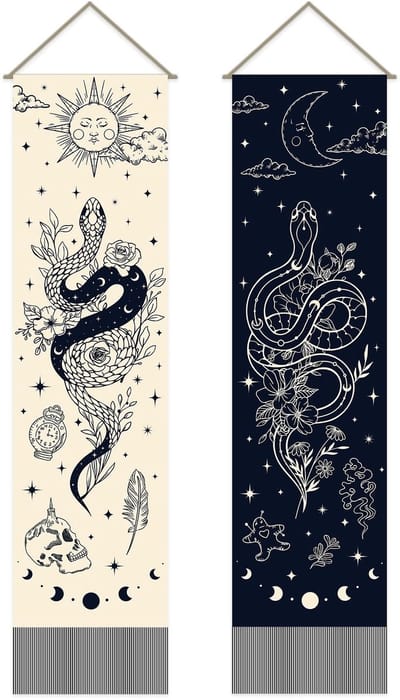 Dailygoods- Wandtapijt Set van 2 - Bohemien Slangenprint - Mystiek Wandkleed - Kwastje - 30 x 130 cm - Verticaal Design - Muurtapijt