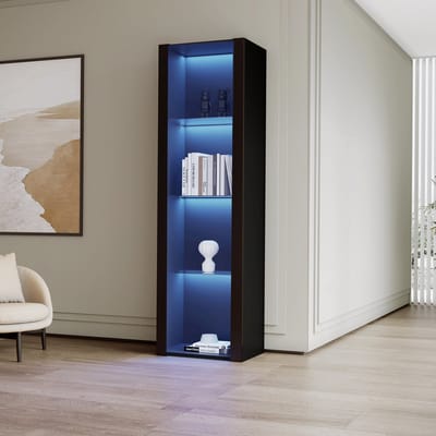 DESMIU Vitrinekast - Hoogglans Kast Met Ledverlichting En Glazen Planken - Voor Woonkamer Kantoor En Slaapkamer - Spaanplaat - 55x38x166 Cm - Zwart