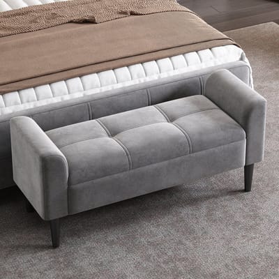 Wishdor - Gestoffeerde Bank Met Armleuning - Capitonnage - Modern - Voor Slaapkamer Of Eethoek - Fluweel En MDF - Grijs - 116 X 44 X 56 Cm