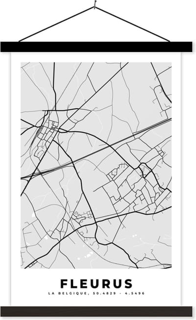 Posterhanger incl. Poster 40x60 cm - Schoolplaat - Zwart Wit – België – Plattegrond – Stadskaart – Kaart – Fleurus - Textielposter - Zwarte latten - Stadskaart