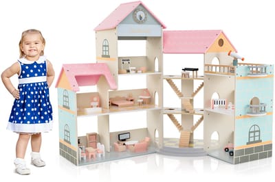 COSTWAY Poppenhuis van hout, 94 cm hoog met 41 meubels en accessoires, poppenvilla met 6 kamers, terras en garage, cadeau voor meisjes vanaf 3 jaar (model 2)