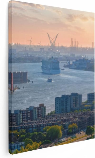 Artaza Canvas Schilderij Skyline Rotterdam - 30x40 cm - Klein - Wanddecoratie Zonsondergang - Muurdecoratie Haven - Kamer Accessoires Woonkamer