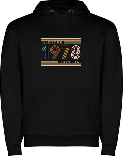 Zwarte unisex hoodie met “ Kleurrijke Limited Edition 1978 – Verjaardag – Leeftijd – Humor “ Print Full Color Color merk Roly maat S