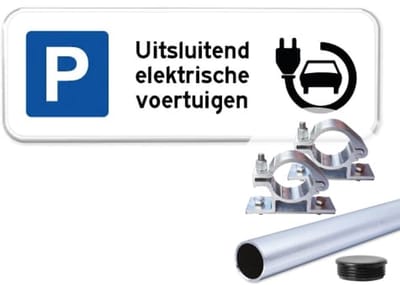 Parkeerbord Elektrische Voertuigen - Weerbestendig Aluminium - 40x15 cm - Bevestiging: Met paal 120 cm + paalbeugels + paaldop