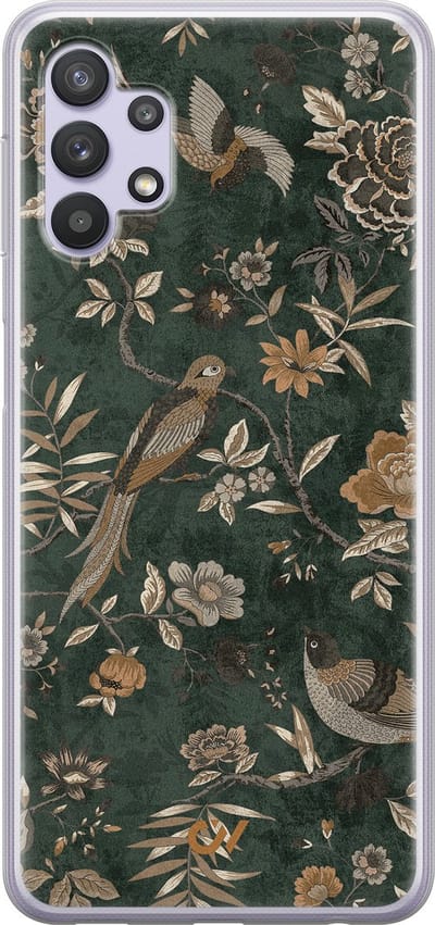 Hoesje geschikt voor Samsung Galaxy A32 5G - Khaki Golden Flowers - - Groen - Soft Case Telefoonhoesje - TPU Back Cover - Casevibes