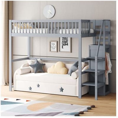 Lit mezzanine - MUVOE - 90x200 - Bois massif - Échelle de sécurité - Gris gris