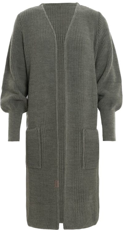 Knit Factory Patty Lang Gebreid Vest Urban Green - Gebreide dames cardigan - Lang vest tot over de knie - Donkergroen damesvest - Pofmouw - 30% wol en 70% acryl - 36/38