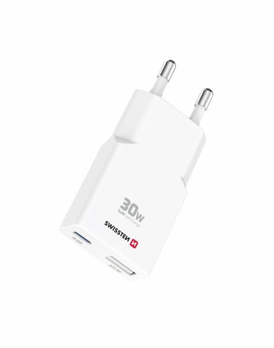 Swissten Snellader 30W Slim Design - USB-C & USB-A Poort - GaN technologie - Geschikt voor o.a. Smartphone & Tablet - Wit