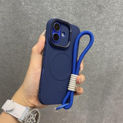 Luxe Standaard met Kickstand en Lanyard Magsafe Telefoonhoesje Voor iPhone 11 12 13 14 15 16 Pro Max Plus Magnetische Zachte Bumper Achterkant For iPhone 11 blue