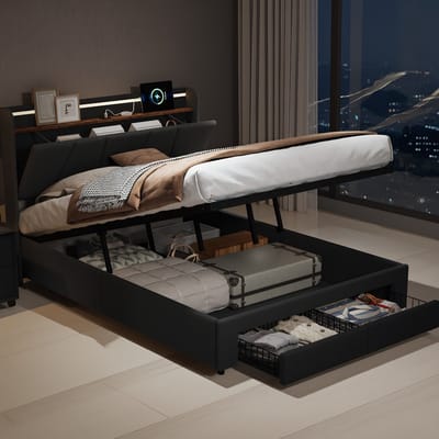 Gestoffeerd bed 160x200 cm met LED-verlichting, USB-aansluiting en opbergruimte – Tweepersoonsbed met lades en hydraulische opbergbox – Lattenbodem inbegrepen – Linnen Grijs – Zonder matras