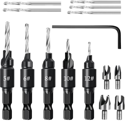 Dailygoods - 15-delige verzonken boorset voor houtbewerking met houtboor en diepteaanslag: 4 stuks tapboren, 5 reserveboren, inbussleutel, 5 verzonken boren, verstelbare zaagdiepte voor hout, kunststof