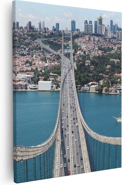 Artaza Canvas Schilderij Skyline Istanbul - 40x50 cm - Wanddecoratie Brug - Muurdecoratie Zeilboot - Kamer Accessoires Stad