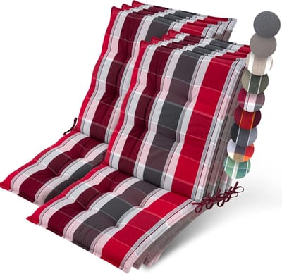 Beautissu Sun-NL – Set van 7 Premium Lage Rugleuning Kussen 100x50 cm - UV-bestendig & 8cm Dik Kussen Tuinstoelkussen Antislip Bevestigingsbanden – Stevige Stof Antraciet Rood Gestreept