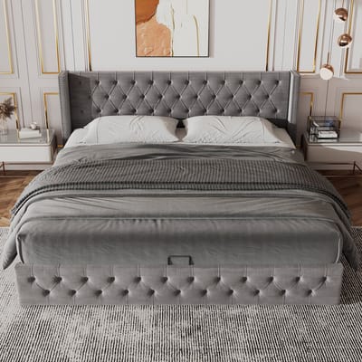 Gestoffeerd bed 140x190cm - dubbele rij klinknagels - genaaide oogjes - met opbergruimte - grijs - zonder matras