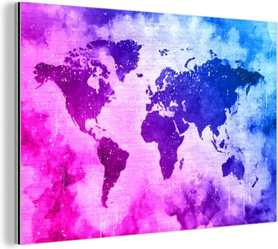 Aluminium schilderij 120x80 cm - Wanddecoratie metaal - Wereldkaart - Roze - Paars - Metalen muurdecoratie woonkamer - Decoratie industrieel - Foto op dibond - Industriële accessoires slaapkamer