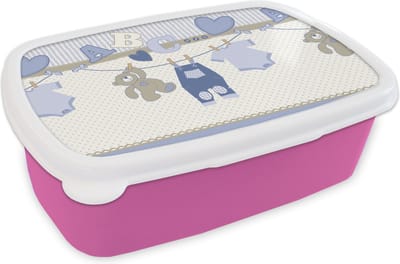 Broodtrommel Roze - Lunchbox - Brooddoos - Baby kleren - Waslijn - Teddybeer - Patroon - 18x12x6 cm - Kinderen - Meisje