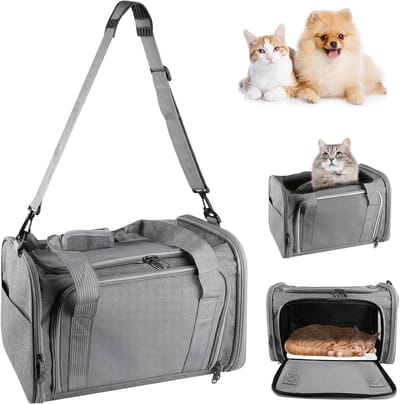Vouwbare katten transporttas met schouderband, lichtgewicht en ademend, geschikt voor reizen, dierenarts en kleine huisdieren tot 3 kg, grijs, 40 x 25 x 25 cm