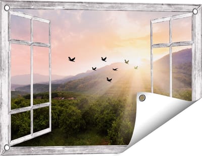 Gards Tuinposter Doorkijk Silhouet Zwerm Vogels bij Zonsondergang - 60x40 cm - Tuindoek - Tuindecoratie - Wanddecoratie buiten - Tuinschilderij