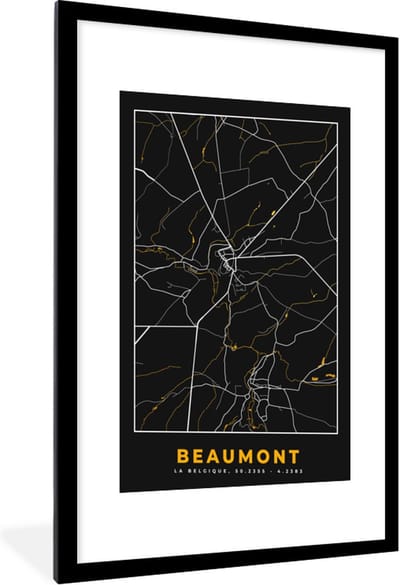 Fotolijst incl. Poster - Black & gold - Stadskaart - Beaumont - Plattegrond - Kaart - 60x90 cm - Posterlijst